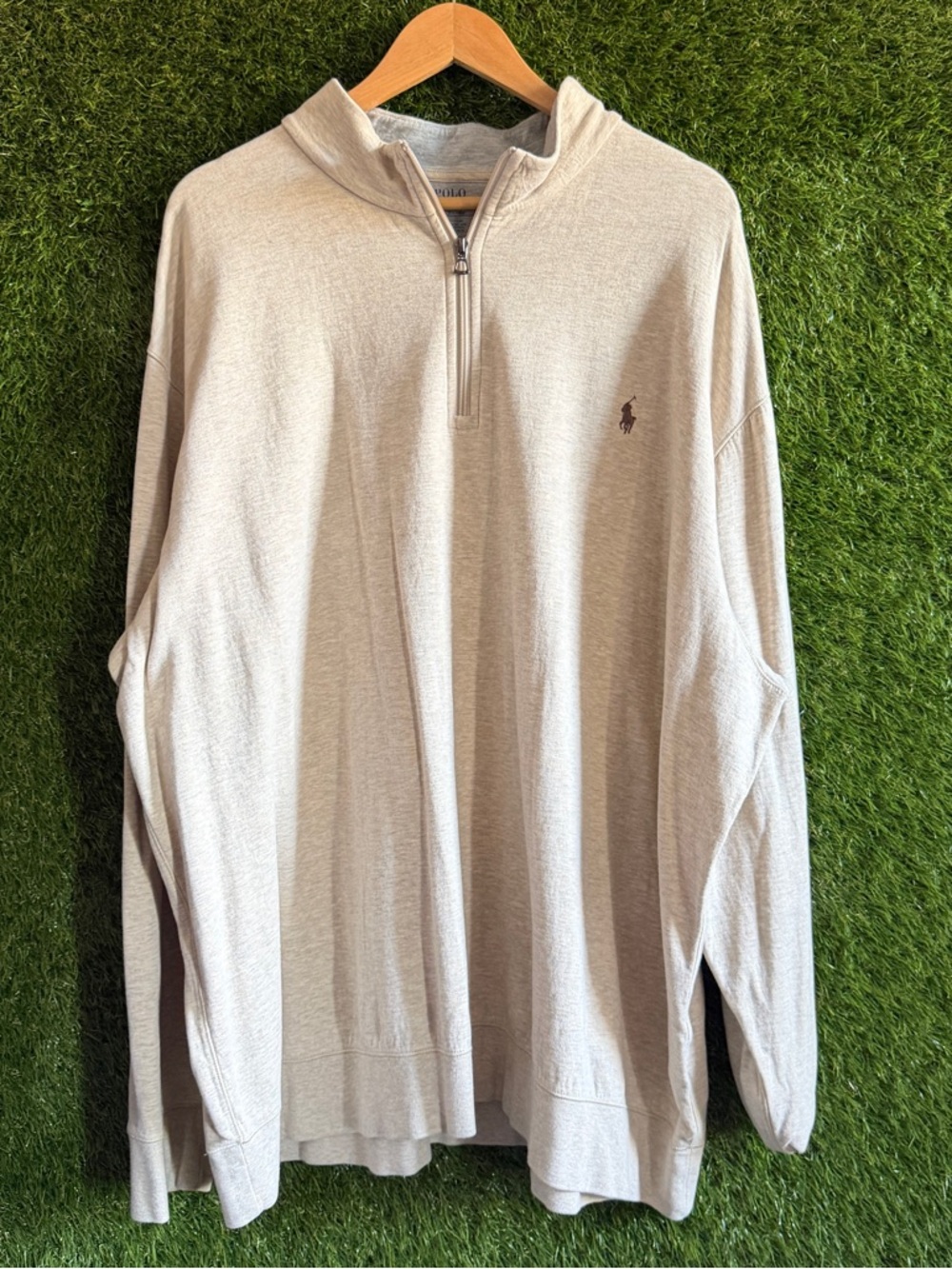 3XB Polo Ralph Lauren Oatmeal Quarter Zip Pullover Luxury Sweater Big Tall